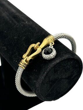 Vintage Two Tone Cable Bracelet Hook Clasp Black Stone Charm